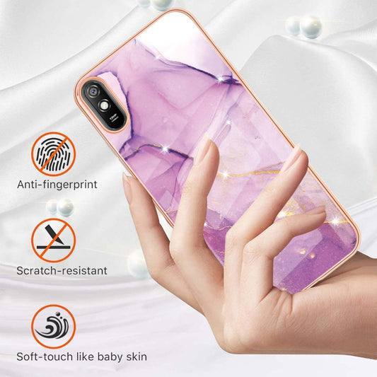 For Xiaomi Redmi 9A Electroplating Marble Pattern Dual-side IMD TPU Shockproof Case(Purple 001) by buy2fix