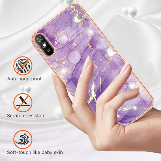 For Xiaomi Redmi 9A Electroplating Marble Pattern Dual-side IMD TPU Shockproof Case(Purple 002) by buy2fix