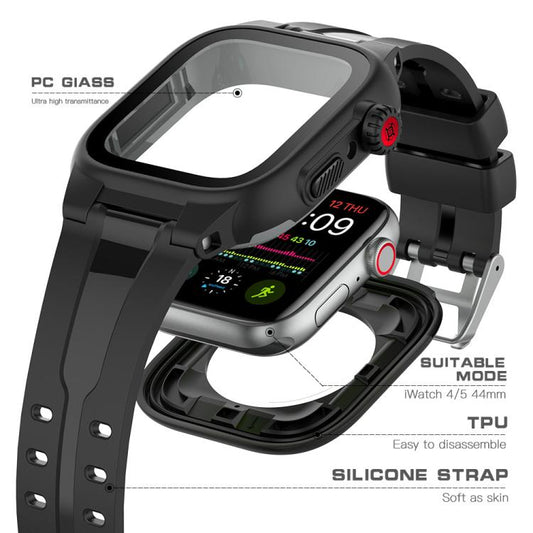 For Apple Watch Series SE 2&6&SE&5&4 44mm RedPepper IP68 Waterproof Screen Protector + Watchband + Protective Case(Black) - Watch Cases by RedPepper | Online Shopping UK | buy2fix
