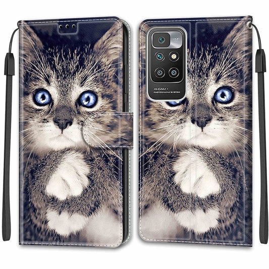 Voltage Coloured Drawing Magnetic Clasp Horizontal Flip PU Leather Case with Holder & Card Slots For Xiaomi Redmi 10(C02 Fork Hand White Claw Cat) by buy2fix