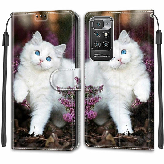 Voltage Coloured Drawing Magnetic Clasp Horizontal Flip PU Leather Case with Holder & Card Slots For Xiaomi Redmi 10(C08 Flower Bush Big White Cat) by buy2fix
