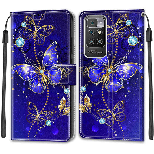 Voltage Coloured Drawing Magnetic Clasp Horizontal Flip PU Leather Case with Holder & Card Slots For Xiaomi Redmi 10(C11 Blue Golden Chain Butterflies) by buy2fix