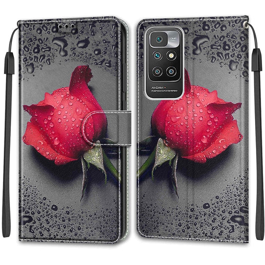 Voltage Coloured Drawing Magnetic Clasp Horizontal Flip PU Leather Case with Holder & Card Slots For Xiaomi Redmi 10(C14 Black Water Drop Rose) by buy2fix