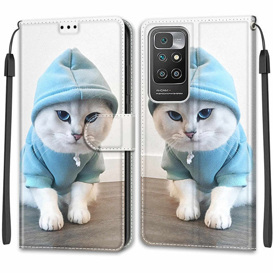 Voltage Coloured Drawing Magnetic Clasp Horizontal Flip PU Leather Case with Holder & Card Slots For Xiaomi Redmi 10(C15 Blue Sweater White Cat) by buy2fix