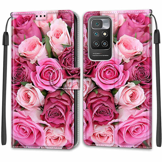 Voltage Coloured Drawing Magnetic Clasp Horizontal Flip PU Leather Case with Holder & Card Slots For Xiaomi Redmi 10(C17 Green Leaf Pink Rose) by buy2fix