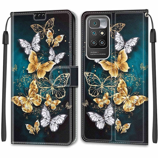Voltage Coloured Drawing Magnetic Clasp Horizontal Flip PU Leather Case with Holder & Card Slots For Xiaomi Redmi 10(C20 Gold Silver Flying Butterflies) by buy2fix