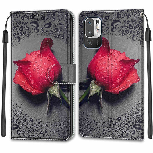 Voltage Coloured Drawing Magnetic Clasp Horizontal Flip PU Leather Case with Holder & Card Slots For Xiaomi Redmi Note 10 5G(C14 Black Water Drop Rose) by buy2fix