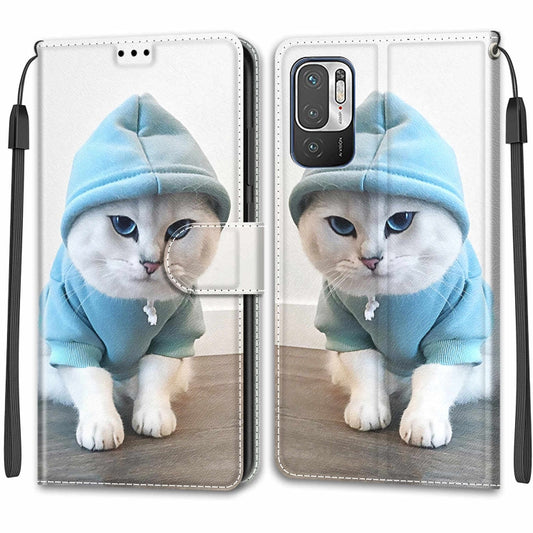Voltage Coloured Drawing Magnetic Clasp Horizontal Flip PU Leather Case with Holder & Card Slots For Xiaomi Redmi Note 10 5G(C15 Blue Sweater White Cat) by buy2fix