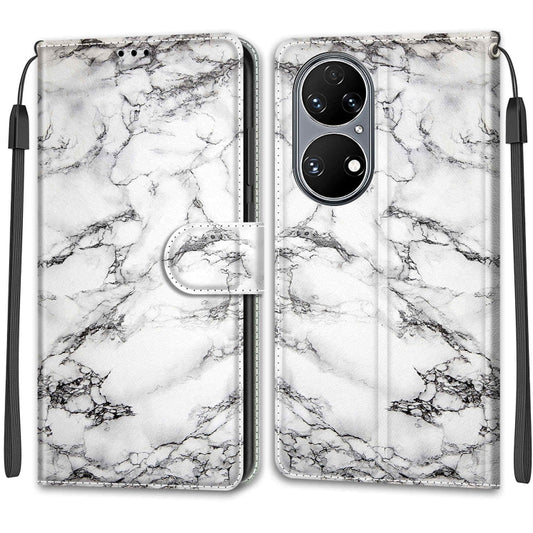 Voltage Coloured Drawing Magnetic Clasp Horizontal Flip PU Leather Case with Holder & Card Slots For Huawei P50(C01 White Marble) by buy2fix