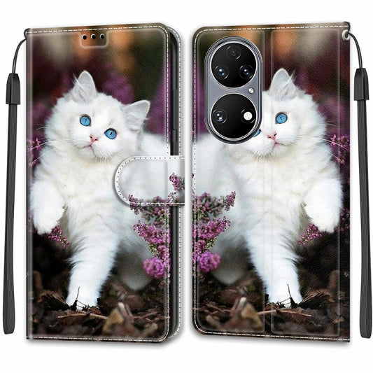 Voltage Coloured Drawing Magnetic Clasp Horizontal Flip PU Leather Case with Holder & Card Slots For Huawei P50(C08 Flower Bush Big White Cat) by buy2fix