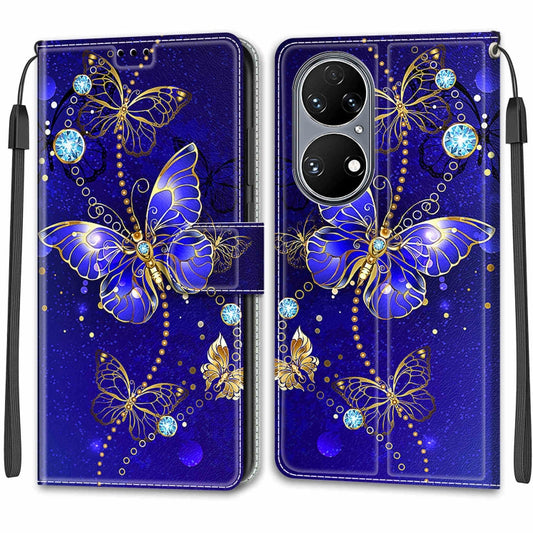 Voltage Coloured Drawing Magnetic Clasp Horizontal Flip PU Leather Case with Holder & Card Slots For Huawei P50(C11 Blue Golden Chain Butterflies) by buy2fix