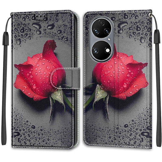 Voltage Coloured Drawing Magnetic Clasp Horizontal Flip PU Leather Case with Holder & Card Slots For Huawei P50(C14 Black Water Drop Rose) by buy2fix