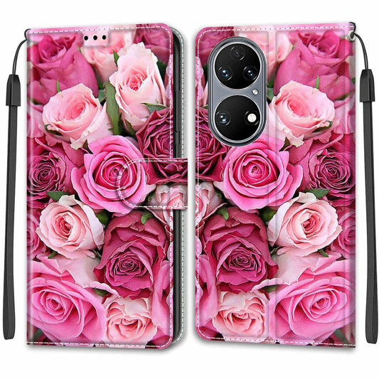 Voltage Coloured Drawing Magnetic Clasp Horizontal Flip PU Leather Case with Holder & Card Slots For Huawei P50(C17 Green Leaf Pink Rose) by buy2fix
