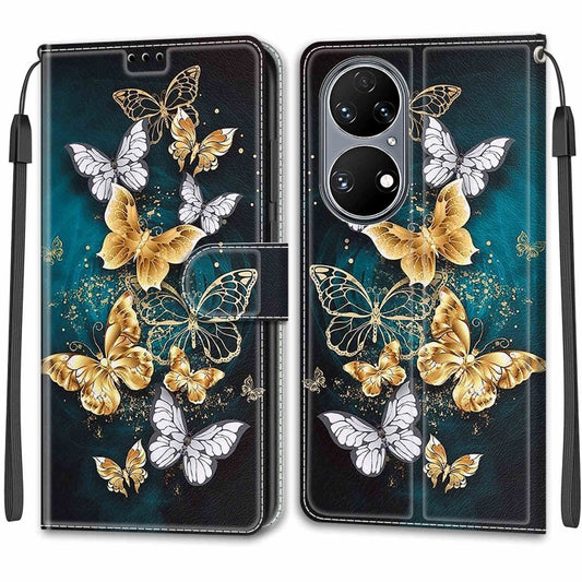 Voltage Coloured Drawing Magnetic Clasp Horizontal Flip PU Leather Case with Holder & Card Slots For Huawei P50(C20 Gold Silver Flying Butterflies) by buy2fix