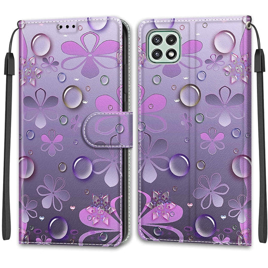 Voltage Coloured Drawing Magnetic Clasp Horizontal Flip PU Leather Case with Holder & Card Slots For Samsung Galaxy A22 5G(C16 Water Drop Six Petal Flower) by buy2fix