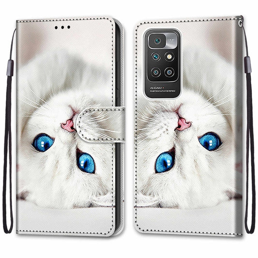For Xiaomi Redmi 10 Coloured Drawing Cross Texture Horizontal Flip PU Leather Case with Holder & Card Slots & Wallet & Lanyard(White Kitten) by buy2fix