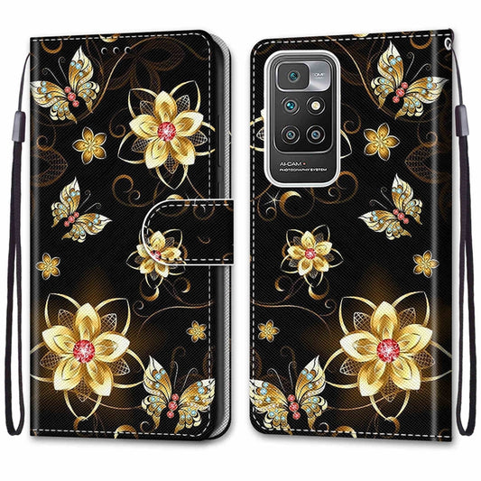 For Xiaomi Redmi 10 Coloured Drawing Cross Texture Horizontal Flip PU Leather Case with Holder & Card Slots & Wallet & Lanyard(Gold Diamond Butterfly) by buy2fix