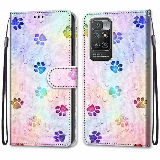 For Xiaomi Redmi 10 Coloured Drawing Cross Texture Horizontal Flip PU Leather Case with Holder & Card Slots & Wallet & Lanyard(Footprint Water Drops) by buy2fix