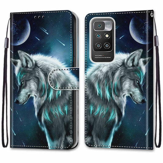 For Xiaomi Redmi 10 Coloured Drawing Cross Texture Horizontal Flip PU Leather Case with Holder & Card Slots & Wallet & Lanyard(Pensive Wolf) by buy2fix