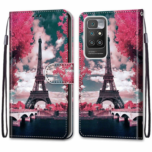 For Xiaomi Redmi 10 Coloured Drawing Cross Texture Horizontal Flip PU Leather Case with Holder & Card Slots & Wallet & Lanyard(Pink Flower Tower Bridge) by buy2fix