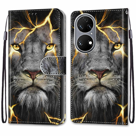 For Huawei P50 Coloured Drawing Cross Texture Horizontal Flip PU Leather Case with Holder & Card Slots & Wallet & Lanyard(Fission Lion) by buy2fix