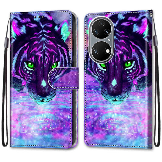 For Huawei P50 Coloured Drawing Cross Texture Horizontal Flip PU Leather Case with Holder & Card Slots & Wallet & Lanyard(Tiger Drinking Water) by buy2fix