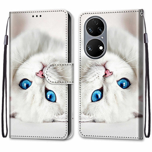 For Huawei P50 Coloured Drawing Cross Texture Horizontal Flip PU Leather Case with Holder & Card Slots & Wallet & Lanyard(White Kitten) by buy2fix