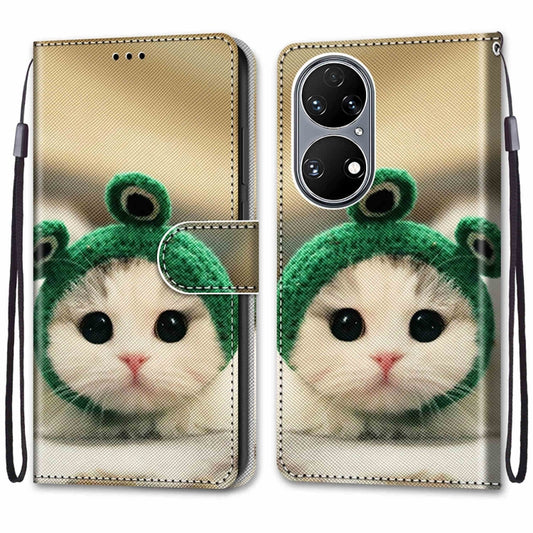 For Huawei P50 Coloured Drawing Cross Texture Horizontal Flip PU Leather Case with Holder & Card Slots & Wallet & Lanyard(Frog Kitten) by buy2fix