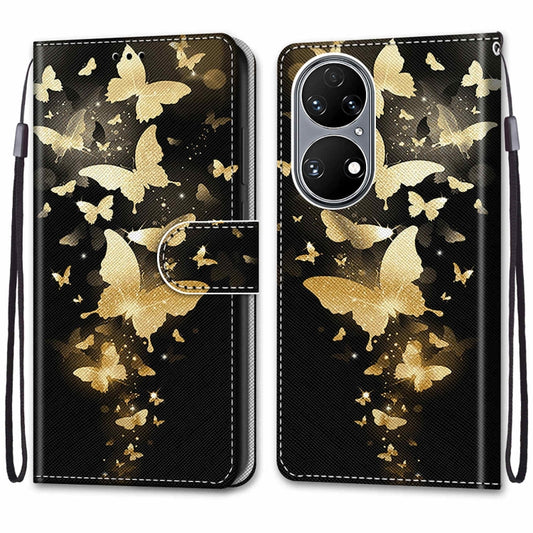 For Huawei P50 Coloured Drawing Cross Texture Horizontal Flip PU Leather Case with Holder & Card Slots & Wallet & Lanyard(Golden Butterfly Group) by buy2fix