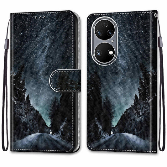 For Huawei P50 Coloured Drawing Cross Texture Horizontal Flip PU Leather Case with Holder & Card Slots & Wallet & Lanyard(Mountain Road Starry Sky) by buy2fix