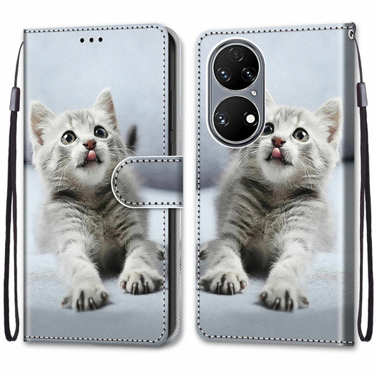 For Huawei P50 Coloured Drawing Cross Texture Horizontal Flip PU Leather Case with Holder & Card Slots & Wallet & Lanyard(Small Gray Cat) by buy2fix