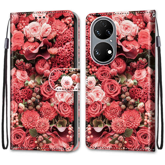 For Huawei P50 Coloured Drawing Cross Texture Horizontal Flip PU Leather Case with Holder & Card Slots & Wallet & Lanyard(Pink Rose Garden) by buy2fix