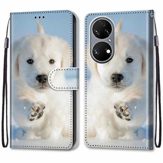 For Huawei P50 Coloured Drawing Cross Texture Horizontal Flip PU Leather Case with Holder & Card Slots & Wallet & Lanyard(Snow Puppy) by buy2fix