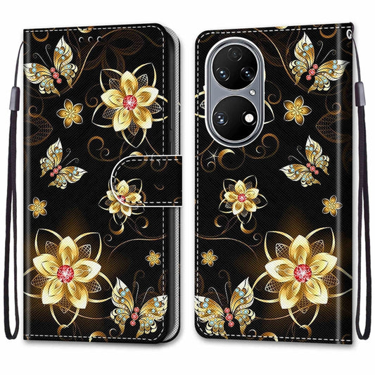 For Huawei P50 Coloured Drawing Cross Texture Horizontal Flip PU Leather Case with Holder & Card Slots & Wallet & Lanyard(Gold Diamond Butterfly) by buy2fix