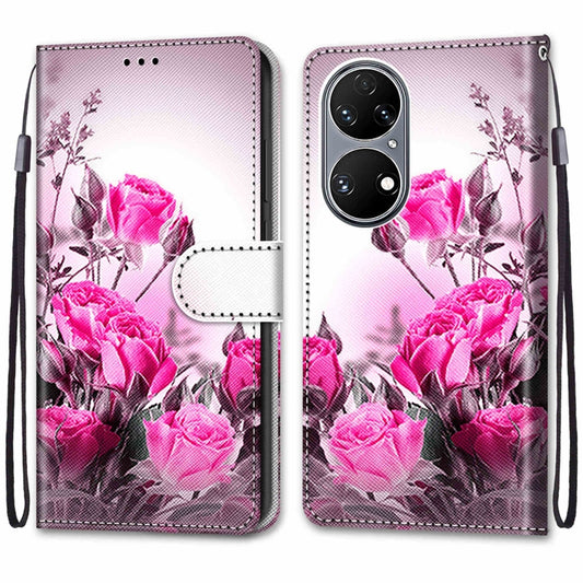 For Huawei P50 Coloured Drawing Cross Texture Horizontal Flip PU Leather Case with Holder & Card Slots & Wallet & Lanyard(Wild Rose) by buy2fix
