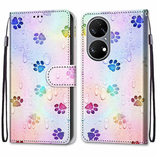 For Huawei P50 Coloured Drawing Cross Texture Horizontal Flip PU Leather Case with Holder & Card Slots & Wallet & Lanyard(Footprint Water Drops) by buy2fix
