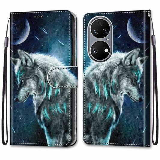 For Huawei P50 Coloured Drawing Cross Texture Horizontal Flip PU Leather Case with Holder & Card Slots & Wallet & Lanyard(Pensive Wolf) by buy2fix