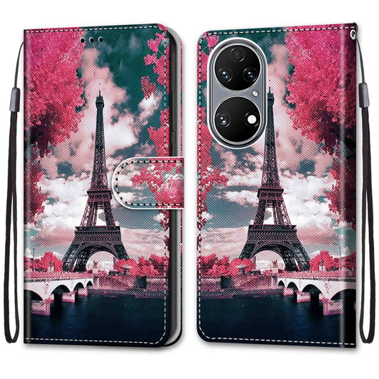For Huawei P50 Coloured Drawing Cross Texture Horizontal Flip PU Leather Case with Holder & Card Slots & Wallet & Lanyard(Pink Flower Tower Bridge) by buy2fix