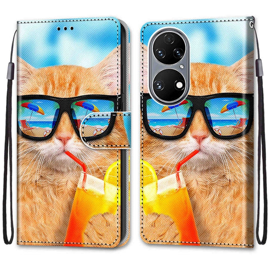 For Huawei P50 Coloured Drawing Cross Texture Horizontal Flip PU Leather Case with Holder & Card Slots & Wallet & Lanyard(Cat Drinking Soda) by buy2fix