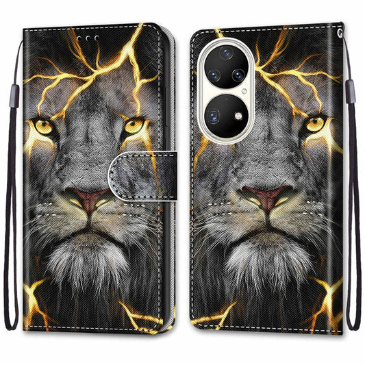 For Huawei P50 Pro Coloured Drawing Cross Texture Horizontal Flip PU Leather Case with Holder & Card Slots & Wallet & Lanyard(Fission Lion) by buy2fix