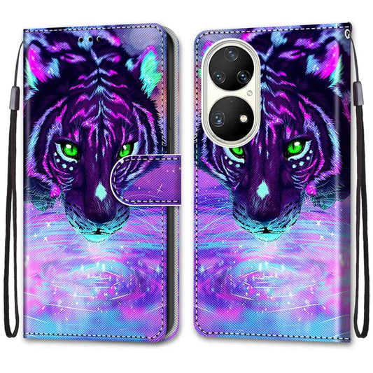 For Huawei P50 Pro Coloured Drawing Cross Texture Horizontal Flip PU Leather Case with Holder & Card Slots & Wallet & Lanyard(Tiger Drinking Water) by buy2fix