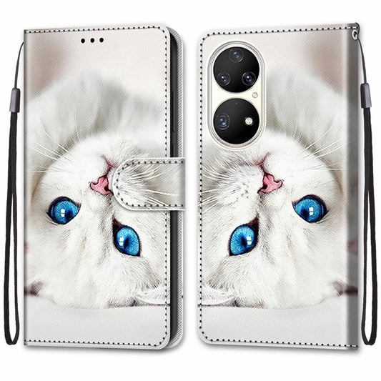 For Huawei P50 Pro Coloured Drawing Cross Texture Horizontal Flip PU Leather Case with Holder & Card Slots & Wallet & Lanyard(White Kitten) by buy2fix