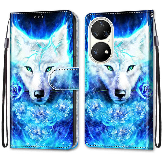 For Huawei P50 Pro Coloured Drawing Cross Texture Horizontal Flip PU Leather Case with Holder & Card Slots & Wallet & Lanyard(Dick Rose Wolf) by buy2fix