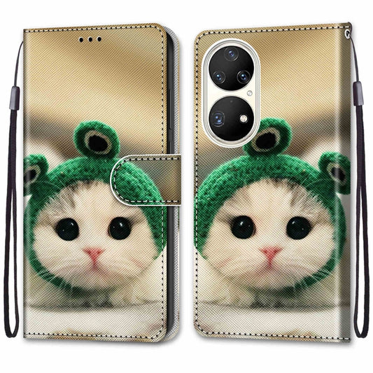 For Huawei P50 Pro Coloured Drawing Cross Texture Horizontal Flip PU Leather Case with Holder & Card Slots & Wallet & Lanyard(Frog Kitten) by buy2fix