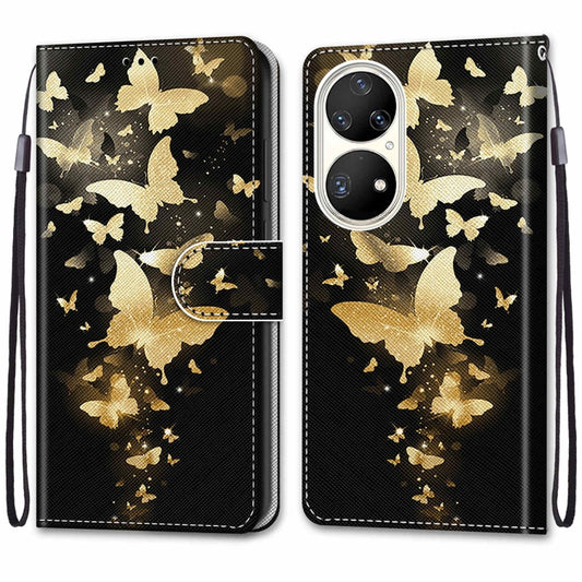 For Huawei P50 Pro Coloured Drawing Cross Texture Horizontal Flip PU Leather Case with Holder & Card Slots & Wallet & Lanyard(Golden Butterfly Group) by buy2fix