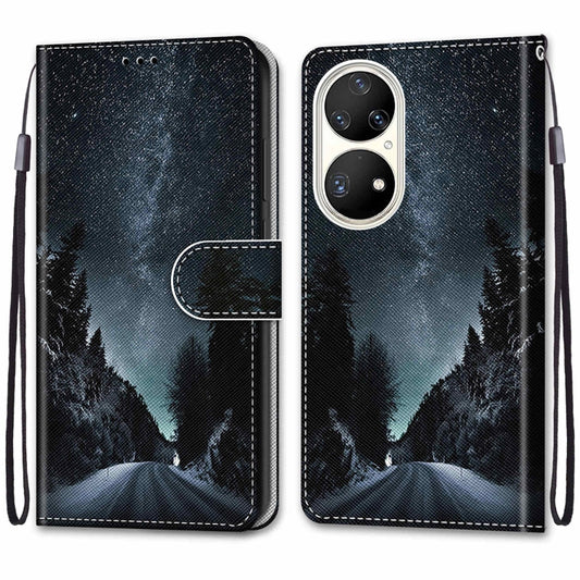 For Huawei P50 Pro Coloured Drawing Cross Texture Horizontal Flip PU Leather Case with Holder & Card Slots & Wallet & Lanyard(Mountain Road Starry Sky) by buy2fix