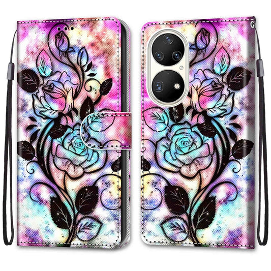 For Huawei P50 Pro Coloured Drawing Cross Texture Horizontal Flip PU Leather Case with Holder & Card Slots & Wallet & Lanyard(Color Bottom Hollow Flower) by buy2fix
