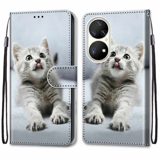 For Huawei P50 Pro Coloured Drawing Cross Texture Horizontal Flip PU Leather Case with Holder & Card Slots & Wallet & Lanyard(Small Gray Cat) by buy2fix