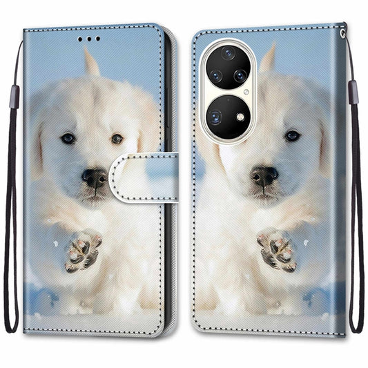 For Huawei P50 Pro Coloured Drawing Cross Texture Horizontal Flip PU Leather Case with Holder & Card Slots & Wallet & Lanyard(Snow Puppy) by buy2fix