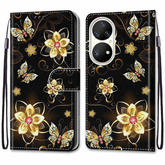 For Huawei P50 Pro Coloured Drawing Cross Texture Horizontal Flip PU Leather Case with Holder & Card Slots & Wallet & Lanyard(Gold Diamond Butterfly) by buy2fix